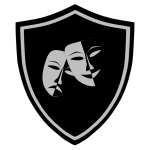 A black shield with masks on itDescription automatically generated